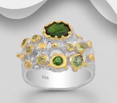 ADIORE JEWELS - 925 Sterling Silver Ring, Decorated with Chrome Diopsides, Peridots and Tourmalines, Plated with 3 Micron 22K Yellow Gold and White Rhodium