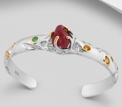 ADIORE JEWELS - 925 Sterling Silver Cuff Decorated with Emerald, Orange Sapphires and Ruby, Plated with 3 Micron 22K Yellow Gold and White Rhodium