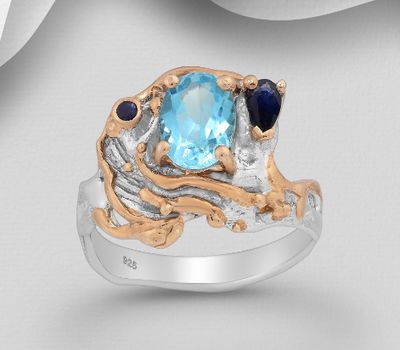 ADIORE JEWELS - 925 Sterling Silver Ring, Decorated with Blue Sapphire and Sky-Blue Topaz, Plated with 3 Micron 22K Pink Gold and White Rhodium