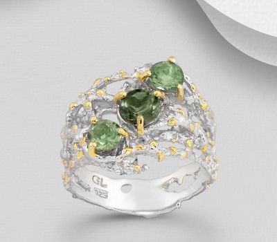 ADIORE JEWELS - 925 Sterling Silver Ring Decorated with Green Tourmaline, Plated with 3 Micron 22K Yellow Gold and White Rhodium