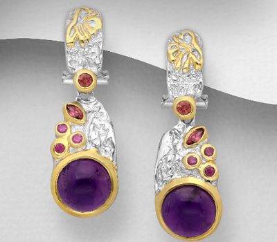 ADIORE JEWELS - 925 Sterling Silver Omega Lock Earrings Decorated with Amethysts and Pink Tourmalines