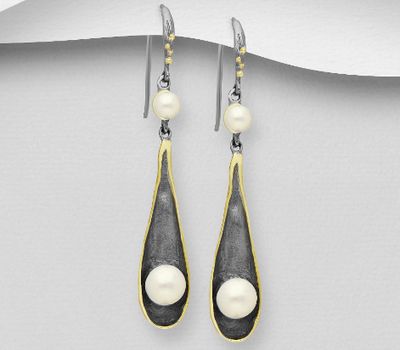 ADIORE JEWELS - 925 Sterling Silver Hook Earrings Decorated with Freshwater Pearls, Plated with 3 Micron 22K Yellow Gold and Grey Ruthenium