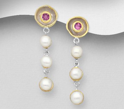 ADIORE JEWELS - 925 Sterling Silver Omega Lock Dangle Earrings Decorated with Freshwater Pearls and Rhodolites, PLated with 3 Micron 22K Yellow Gold and White Rhodium