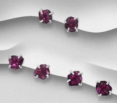 JEWELLED - 925 Sterling Silver Push-Back Earrings, Decorated with Rhodolite. Handmade. Design, Shape and Size Will Vary.