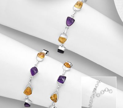 JEWELLED - 925 Sterling Silver Bracelet, Decorated with Amethyst and Citrine. Handmade. Design, Shape and Size Will Vary.