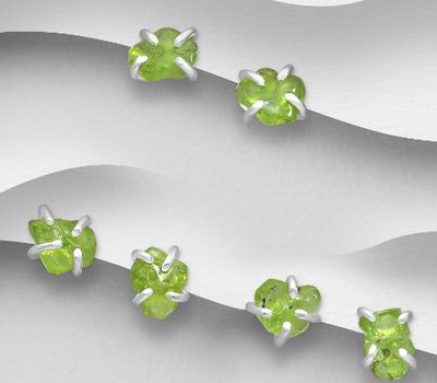 JEWELLED - 925 Sterling Silver Push-Back Earrings, Decorated with Peridot. Handmade. Design, Shape and Size Will Vary.