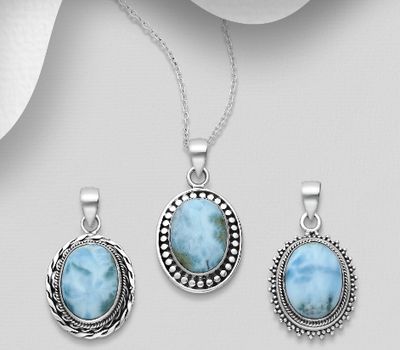 JEWELLED - 925 Sterling Silver Oxidized Oval Pendant, Decorated with Larimar. Handmade. Design, Shape and Size Will Vary.