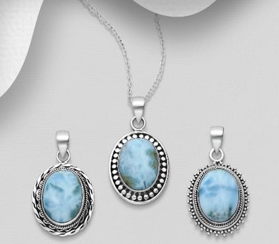 Şəkli böyütmək üçün tiklayın JEWELLED - 925 Sterling Silver Oxidized Oval Pendant, Decorated with Larimar. Handmade. Design, Shape and Size Will Vary.