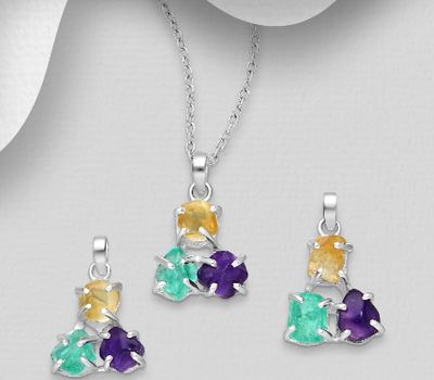 JEWELLED - 925 Sterling Silver Pendant, Decorated with Amethyst, Apatite and Citrine. Handmade. Design, Shape and Size Will Vary.