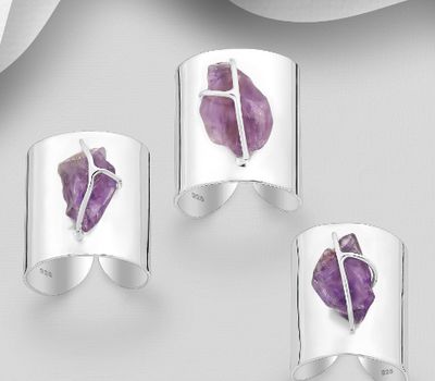 JEWELLED - 925 Sterling Silver Adjustable Ring, Decorated with Amethyst. Handmade. Design, Shape and Size Will Vary.
