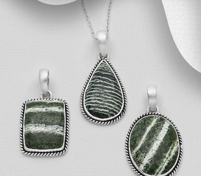 JEWELLED - 925 Sterling Silver Oxidized Pendant Decorated with Seraphinite. Handmade. Design, Shape and Size Will Vary.