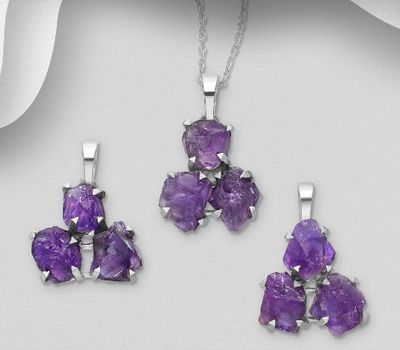 JEWELLED - 925 Sterling Silver Pendant, Decorated with Amethyst. Handmade. Design, Shape and Size Will Vary.