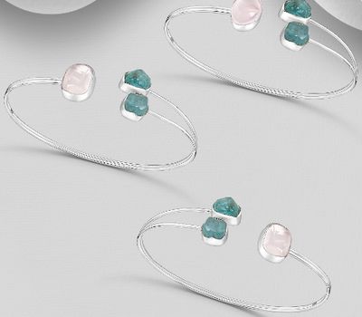 Şəkli böyütmək üçün tiklayın JEWELLED - 925 Sterling Silver Cuff Bracelet, Decorated with Blue Apatite and Rose Quartz. Handmade. Design, Shape and Size Will Vary.
