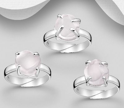 JEWELLED - 925 Sterling Silver Ring, Decorated with Rose Quartz. Handmade. Design, Shape and Size Will Vary.