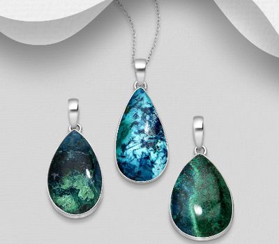 JEWELLED - 925 Sterling Silver Pendant, Decorated with Shattuckite. Handmade. Design, Shape and Size Will Vary.
