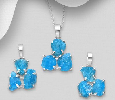 JEWELLED - 925 Sterling Silver Pendant, Decorated with Blue Apatite. Handmade. Design, Shape and Size Will Vary.