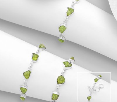 JEWELLED - 925 Sterling Silver Bracelet, Decorated with Peridot. Handmade. Design, Shape and Size Will Vary.