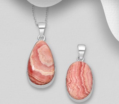 JEWELLED - 925 Sterling Silver Pendant, Decorated with Rhodochrosite. Handmade. Design, Shape and Size Will Vary.