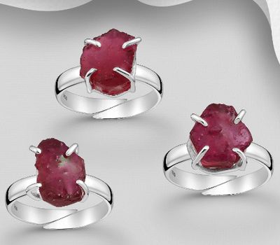 JEWELLED - 925 Sterling Silver Ring, Decorated with Ruby. Handmade. Design, Shape and Size Will Vary.