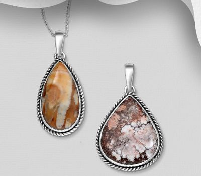 Şəkli böyütmək üçün tiklayın JEWELLED - 925 Sterling Silver Oxidized Pendant, Decorated with Wild Horse Stone. Handmade. Design, Shape and Size Will Vary.