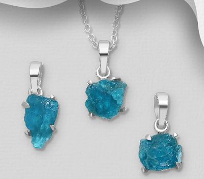 JEWELLED - 925 Sterling Silver Pendant, Decorated with Blue Apatite. Handmade. Design, Shape and Size Will Vary.