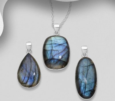 JEWELLED - 925 Sterling Silver Pendant, Decorated with Labradorite. Handmade. Design, Shape and Size Will Vary.