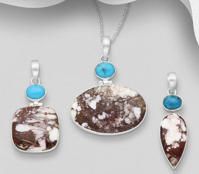 JEWELLED - 925 Sterling Silver Pendant Decorated with Reconstructed Turquoise and Wild Horse Stone. Handmade. Design, Shape and Size Will Vary.