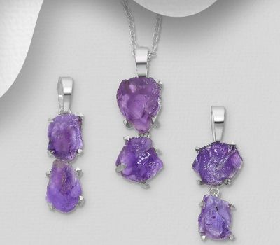 JEWELLED - 925 Sterling Silver Pendant, Decorated with Amethyst. Handmade. Design, Shape and Size Will Vary.