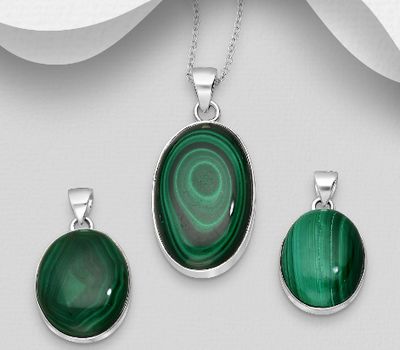 JEWELLED - 925 Sterling Silver Pendant, Decorated with Malachite. Handmade. Design, Shape and Size Will Vary.