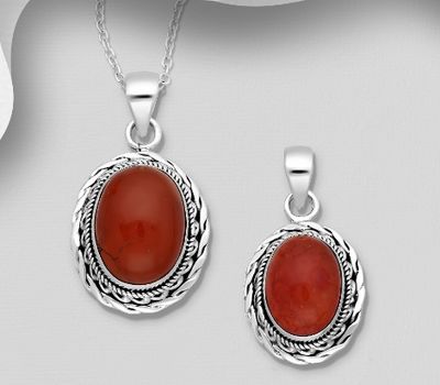 JEWELLED - 925 Sterling Silver Pendant, Decorated with Carnelian. Handmade. Design, Shape and Size Will Vary.