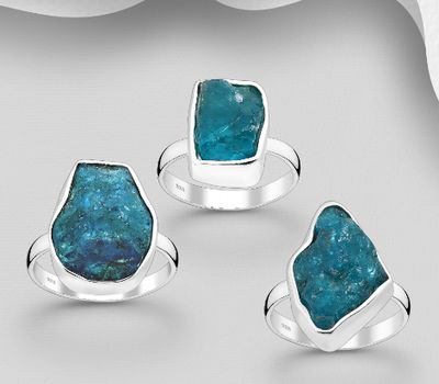 JEWELLED - 925 Sterling Silver Ring Decorated with Uncut Blue Apatite. Handmade. Design, Shape and Size Will Vary.