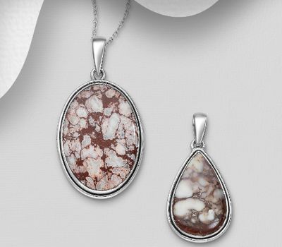 JEWELLED - 925 Sterling Silver Pendant, Decorated with Wild Horse Stone. Handmade. Design, Shape and Size Will Vary.