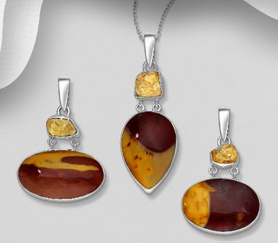 JEWELLED - 925 Sterling Silver Pendant, Decorated with Citrine and Mookaite Jasper. Handmade. Design, Shape and Size Will Vary.