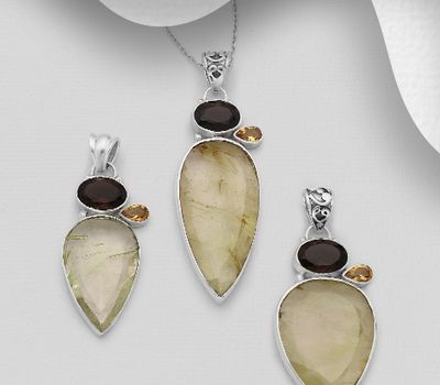 JEWELLED - 925 Sterling Silver Pendant Decorated with Rutilated Quartz, Smoky Quartz and Citrine. Handmade. Shape and Size Will Vary.