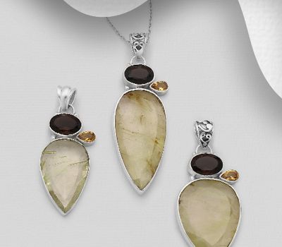Şəkli böyütmək üçün tiklayın JEWELLED - 925 Sterling Silver Pendant Decorated with Rutilated Quartz, Smoky Quartz and Citrine. Handmade. Shape and Size Will Vary.