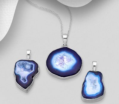 JEWELLED - 925 Sterling Silver Pendant, Decorated with Blue Agate. Handmade. Design, Shape and Size Will Vary