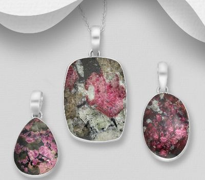 JEWELLED - 925 Sterling Silver Pendant, Decorated with Eudialyte. Handmade. Design, Shape and Size Will Vary.