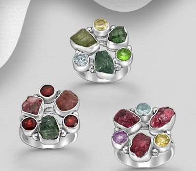 JEWELLED - 925 Sterling Silver Ring, Decorated with Various Gemstones. Handmade. Design, Shape and Size Will Vary.