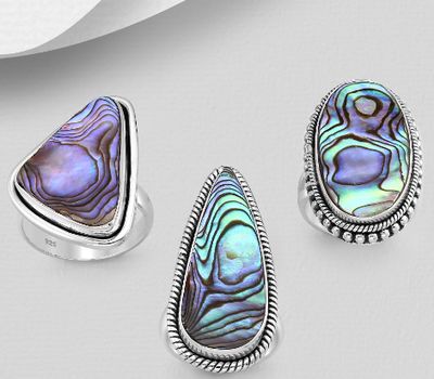 JEWELLED - 925 Sterling Silver Oxidized Ring Decorated with Shell. Handmade. Design, Shape and Size Will Vary.