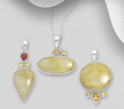 JEWELLED - 925 Sterling Silver Pendant, Decorated with Rutilated Quartz and Various Gemstones. Handmade. Design, Shape and Size Will Vary.