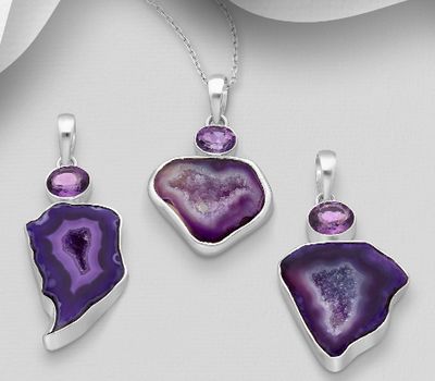JEWELLED - 925 Sterling Silver Pendant, Decorated with Amethyst and Amethyst Agate. Handmade. Design, Shape and Size Will Vary.