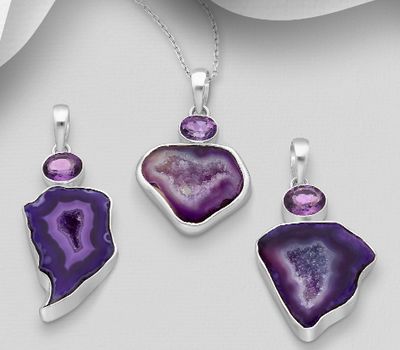 Şəkli böyütmək üçün tiklayın JEWELLED - 925 Sterling Silver Pendant, Decorated with Amethyst and Amethyst Agate. Handmade. Design, Shape and Size Will Vary.