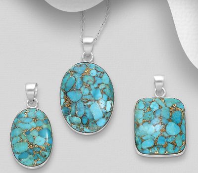 JEWELLED - 925 Sterling Silver Pendant, Decorated with Reconstructed Copper Turquoise. Handmade. Design, Shape and Size Will Vary.