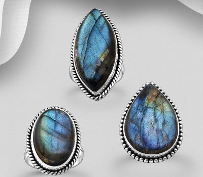JEWELLED - 925 Sterling Silver Oxidized Ring Decorated with Labradorite. Handmade. Design, Shape and Size Will Vary.
