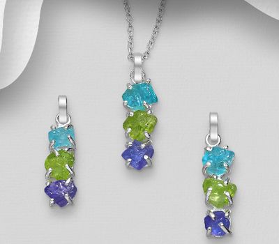 JEWELLED - 925 Sterling Silver Pendant, Decorated with Aquamarine, Peridot and Tanzanite. Handmade. Design, Shape and Size Will Vary.