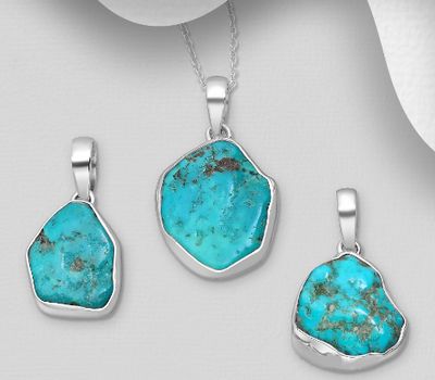 JEWELLED - 925 Sterling Silver Pendant, Decorated with Turquoise. Handmade. Design, Shape and Size Will Vary