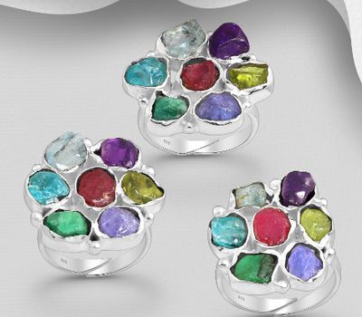 JEWELLED - 925 Sterling Silver Ring, Decorated with Emerald, Ruby, Amethyst, Apatite, Aquamarine, Peridot and Tanzanite. Handmade. Design, Shape and Size Will Vary.