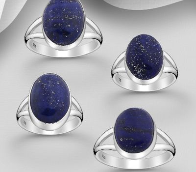 JEWELLED - 925 Sterling Silver Oval Ring, Decorated with Lapis Lazuli. Handmade. Design, Shape and Size Will Vary.