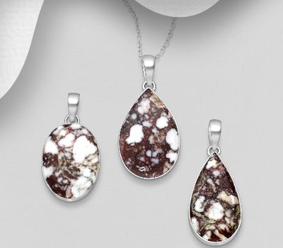 JEWELLED - 925 Sterling Silver Pendant, Decorated with Wild Horse Stone. Handmade. Design, Shape and Size Will Vary.