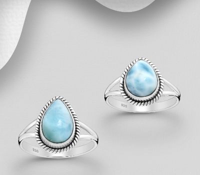 JEWELLED - 925 Sterling Silver Oxidized Ring, Decorated with Larimar. Handmade. Design, Shape and Size Will Vary.